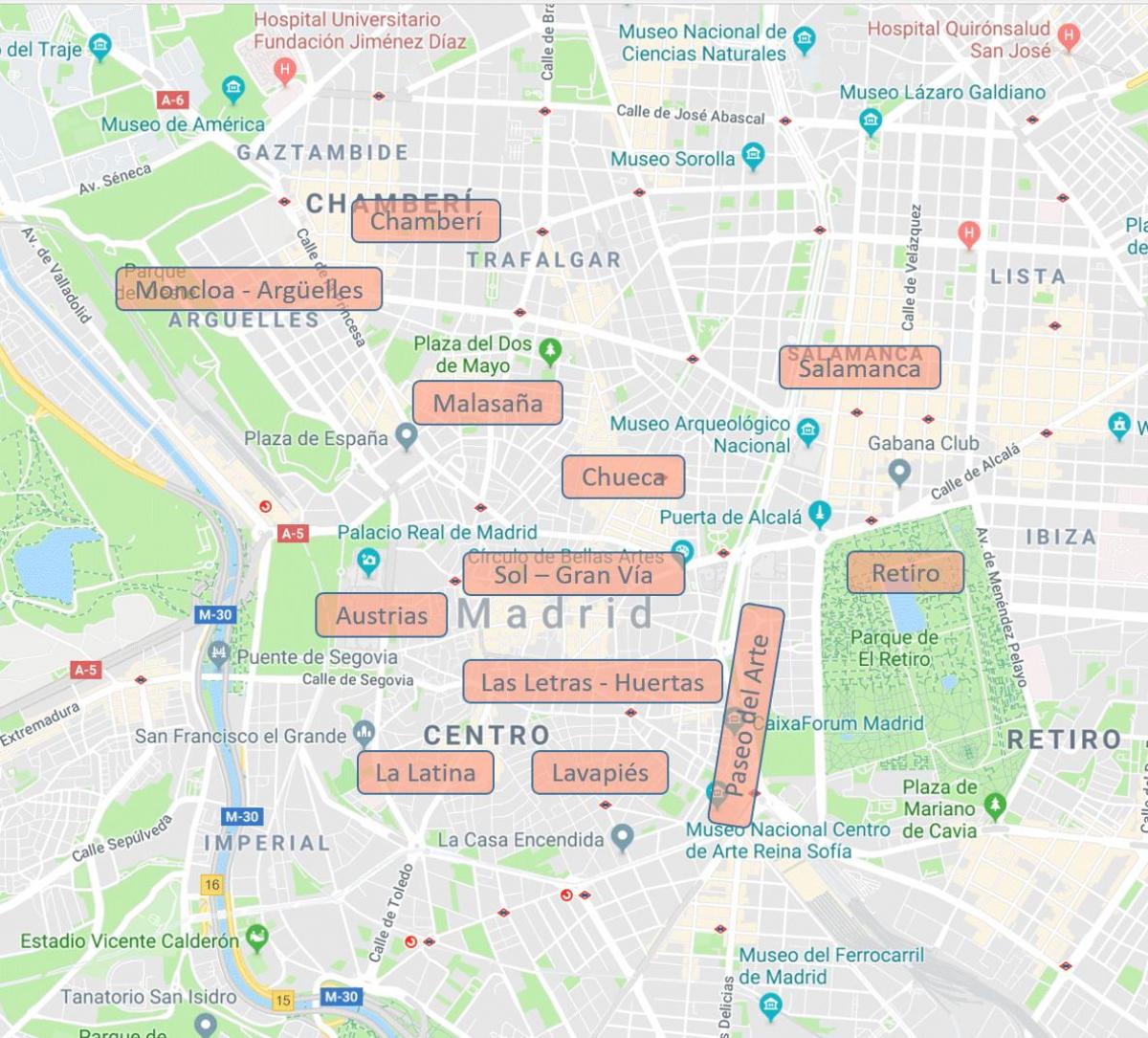 Karte von Madrid, Spanien Nachbarschaften